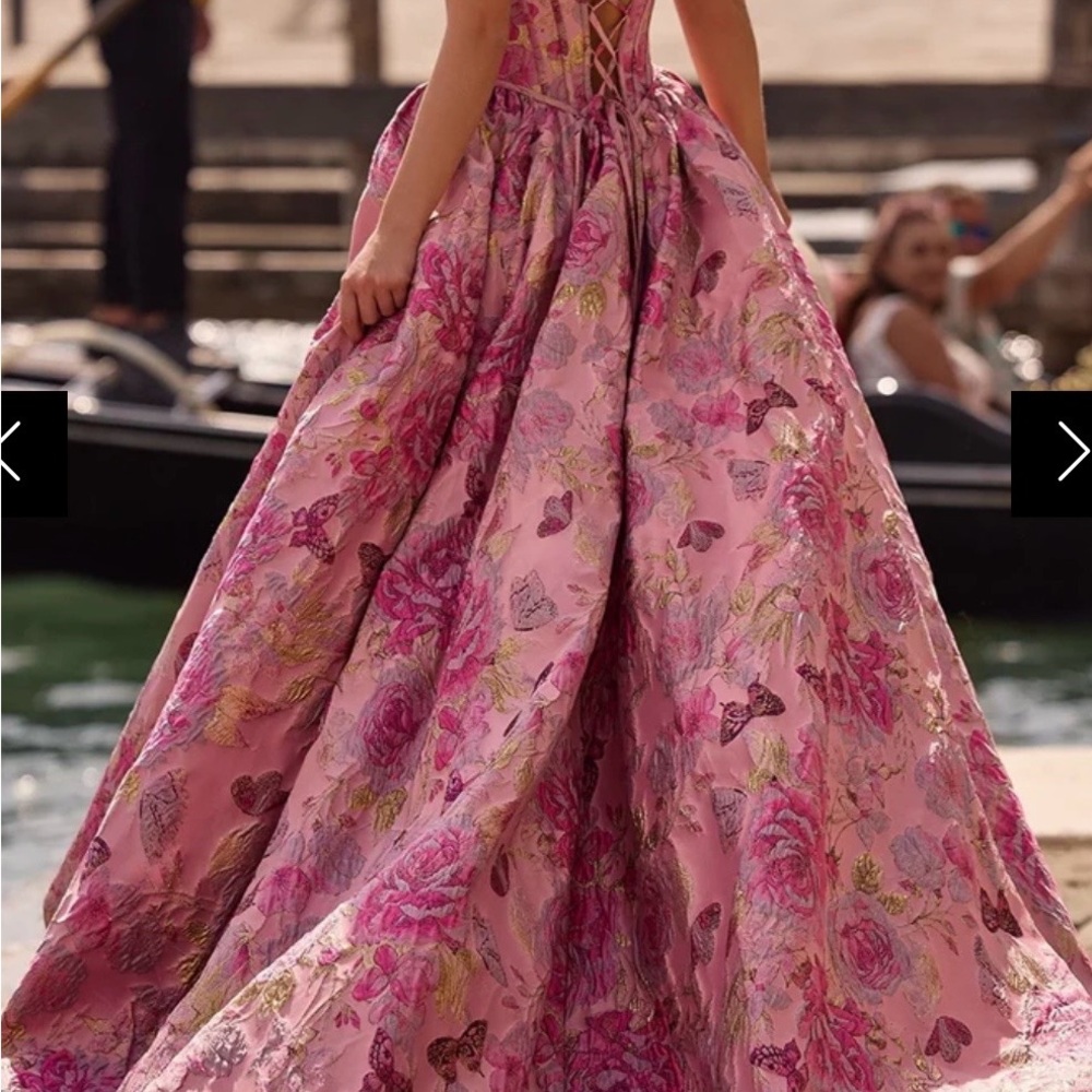 Sherri Hill Pink Floral Ball Gown with Gold Accents - Picture 2 of 5